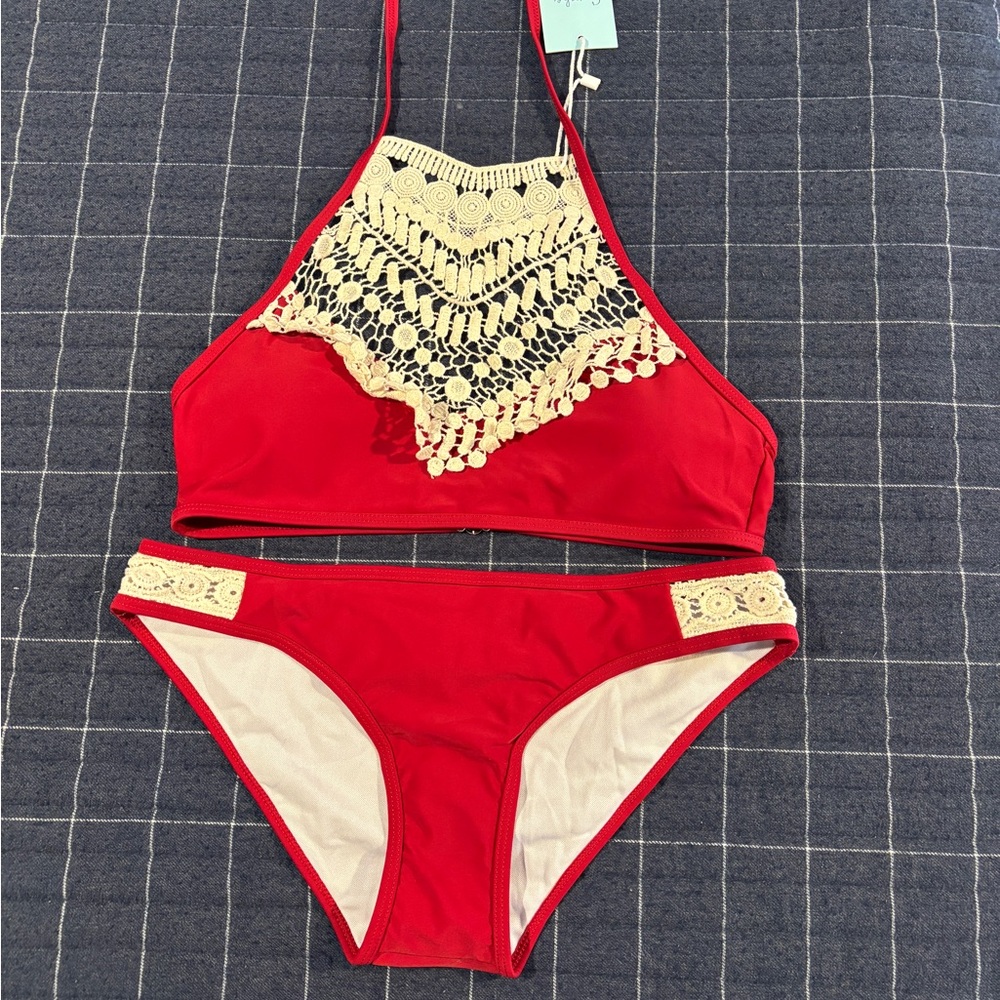 Cupshe Red and Cream Bikini Set for Chic Beach Style